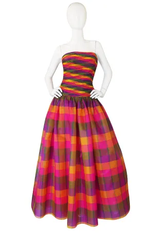 1980s Multi Color Silk Organza Strapless Gown