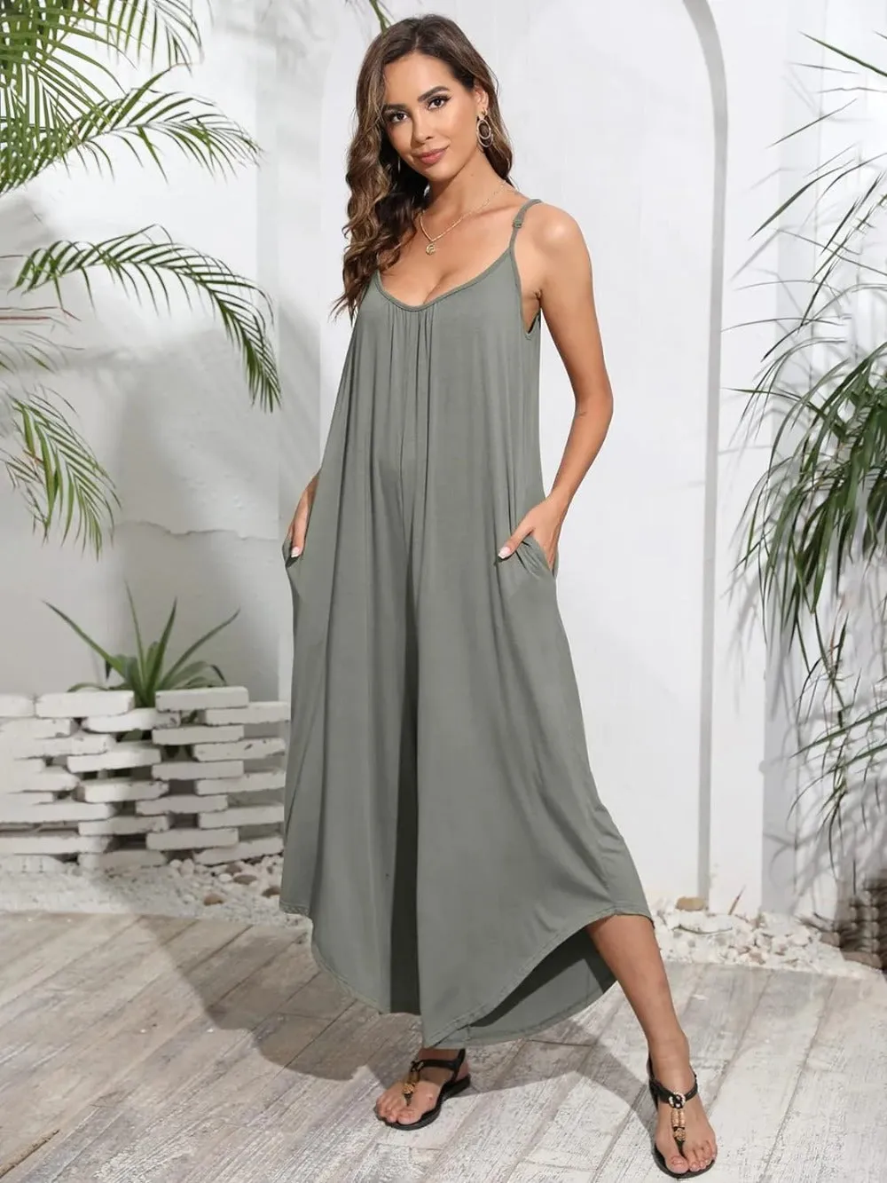 Adjustable Strap Sleeveless Jumpsuit with Pockets