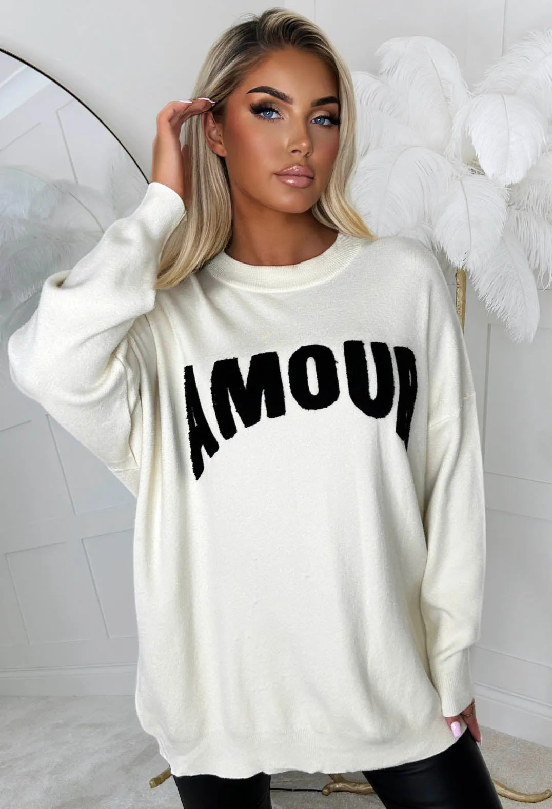 Amour Chic Cream Slogan Soft Jumper