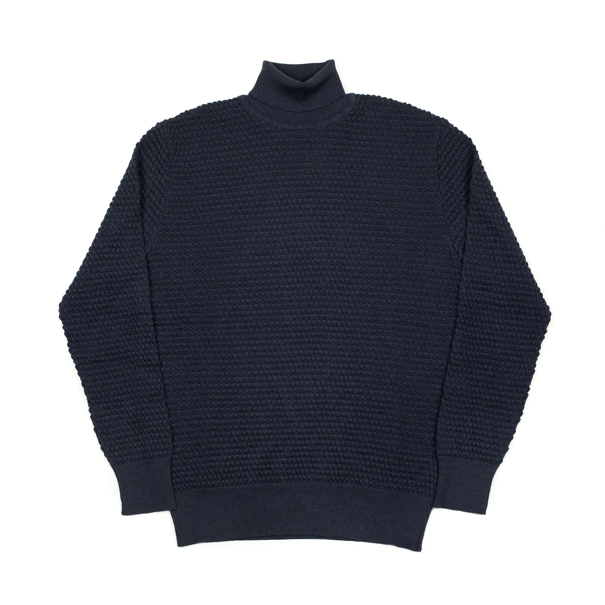 Bubble stitch rollneck in navy merino wool (restock)