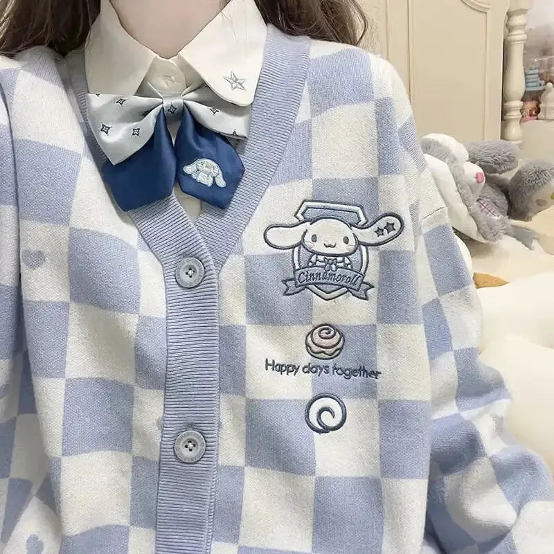 Checkered With Kawaii Embroidery Cardigan