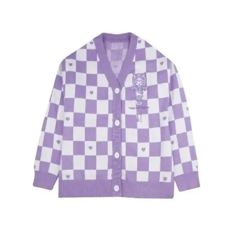 Checkered With Kawaii Embroidery Cardigan