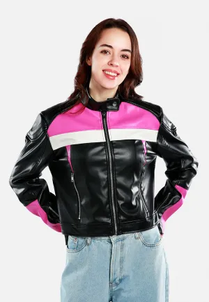 Color Block Faux Leather Biker Jacket