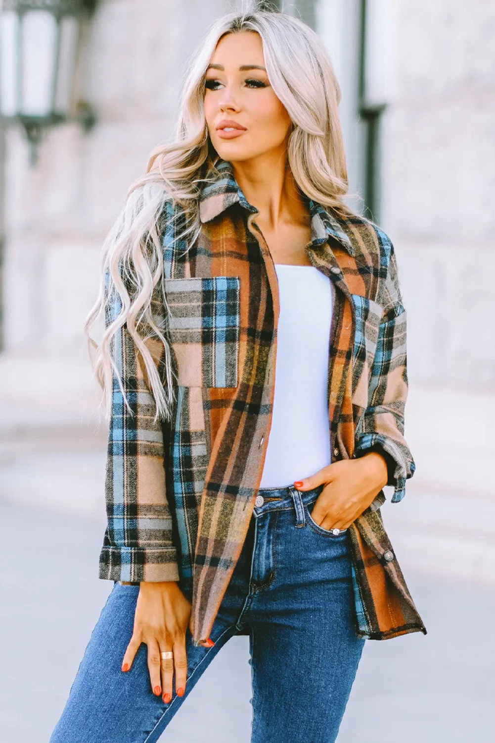 Colors of Fall Plaid Curved Hem Shirt Jacket