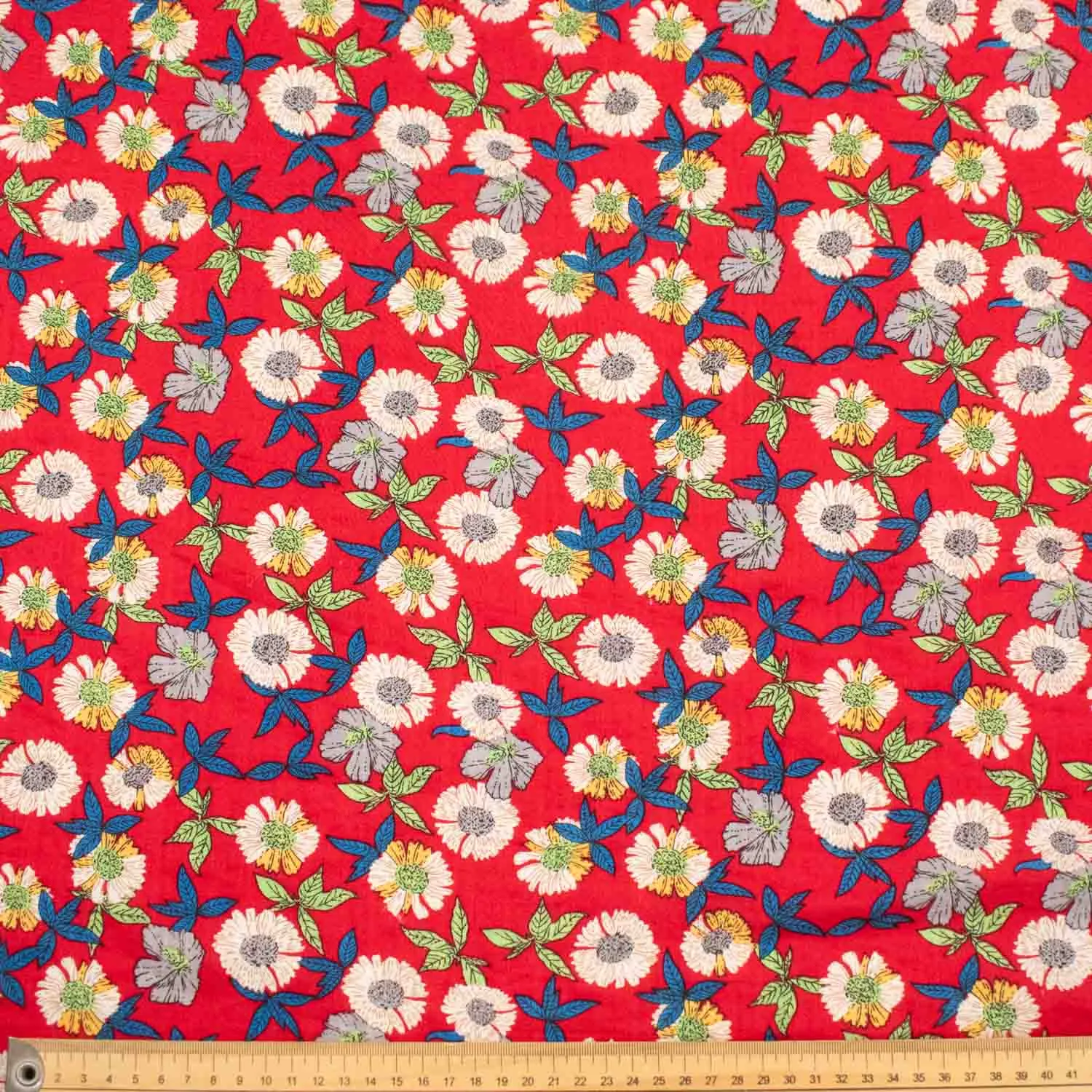 Cotton Linen Prints White Flowers on Red