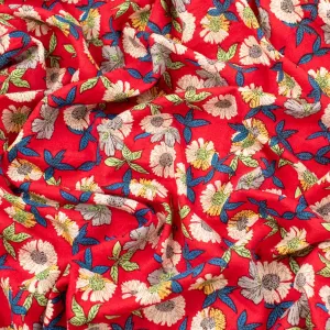 Cotton Linen Prints White Flowers on Red