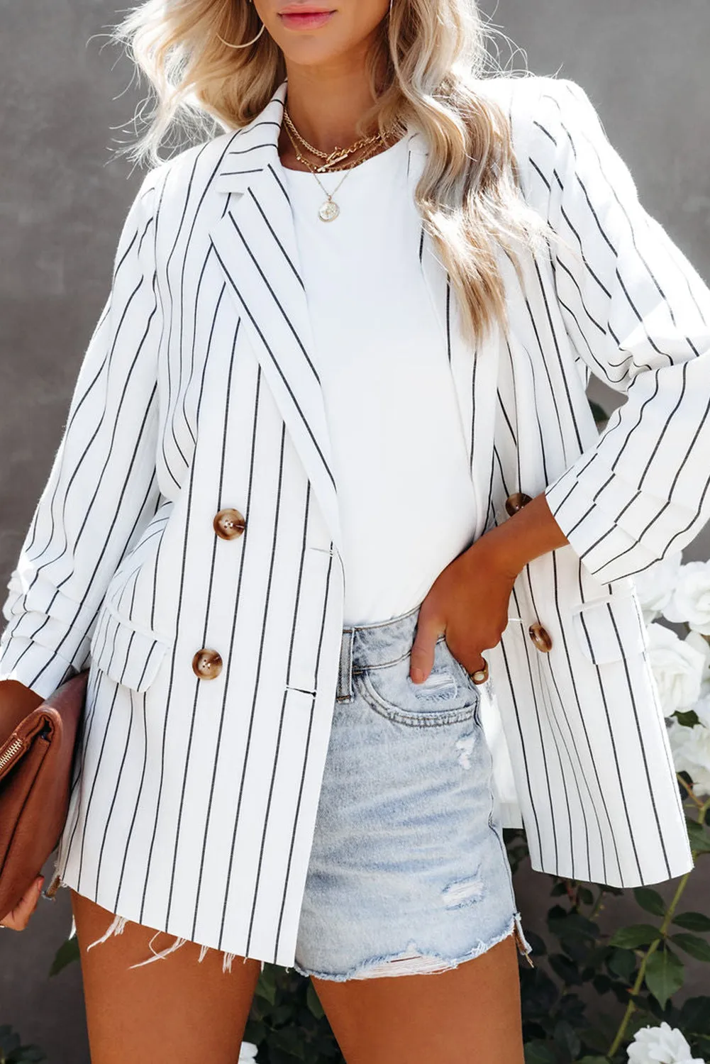 Double Breasted Pocketed Striped Blazer