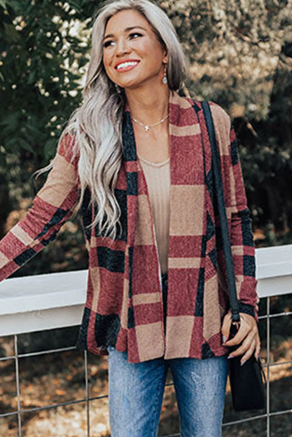 Elegant Plaid Print Open Front Jacket For Ladies