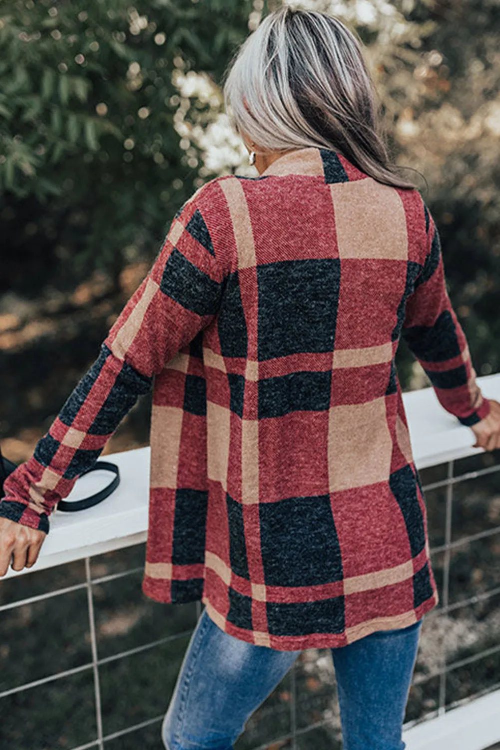 Elegant Plaid Print Open Front Jacket For Ladies