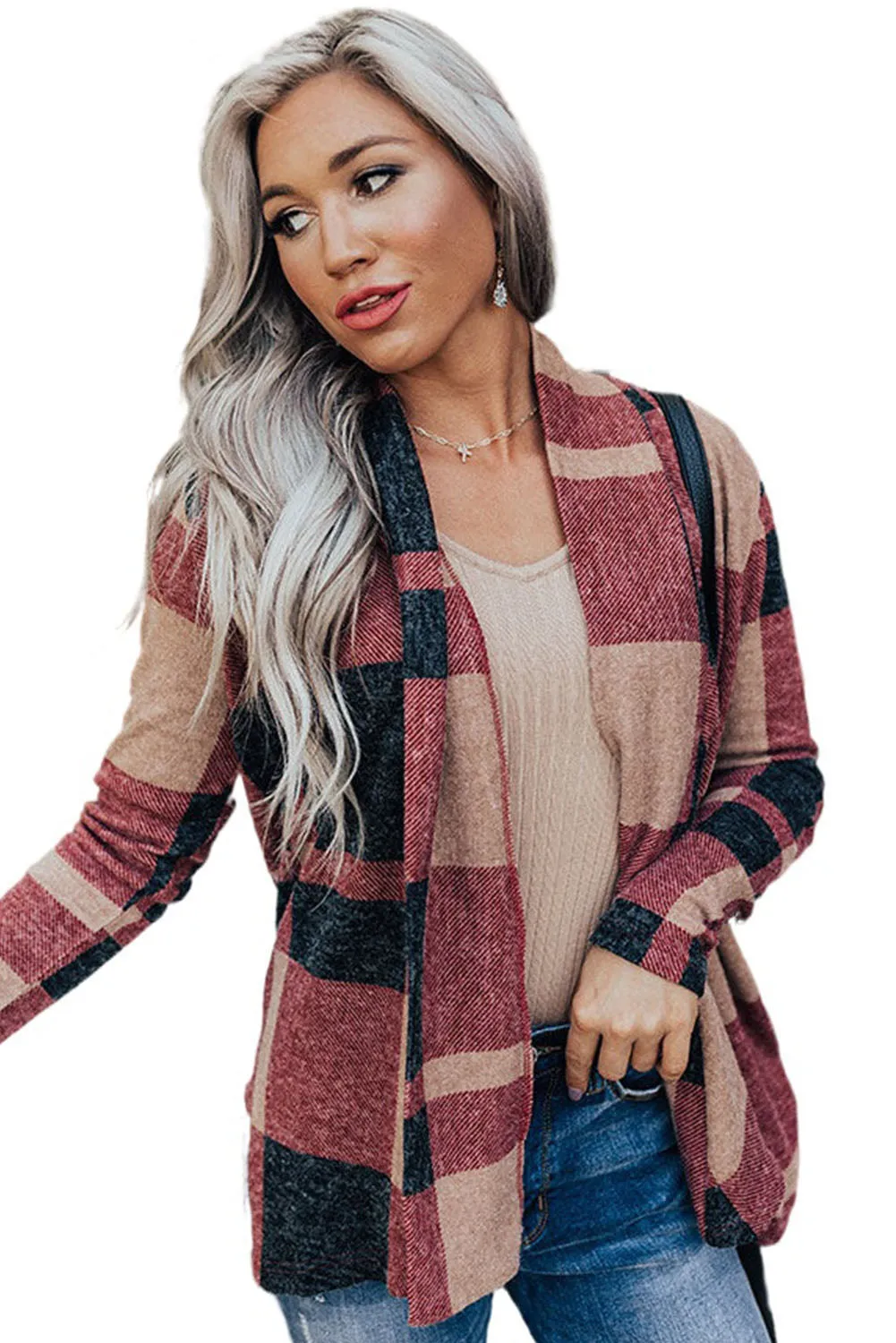 Elegant Plaid Print Open Front Jacket For Ladies