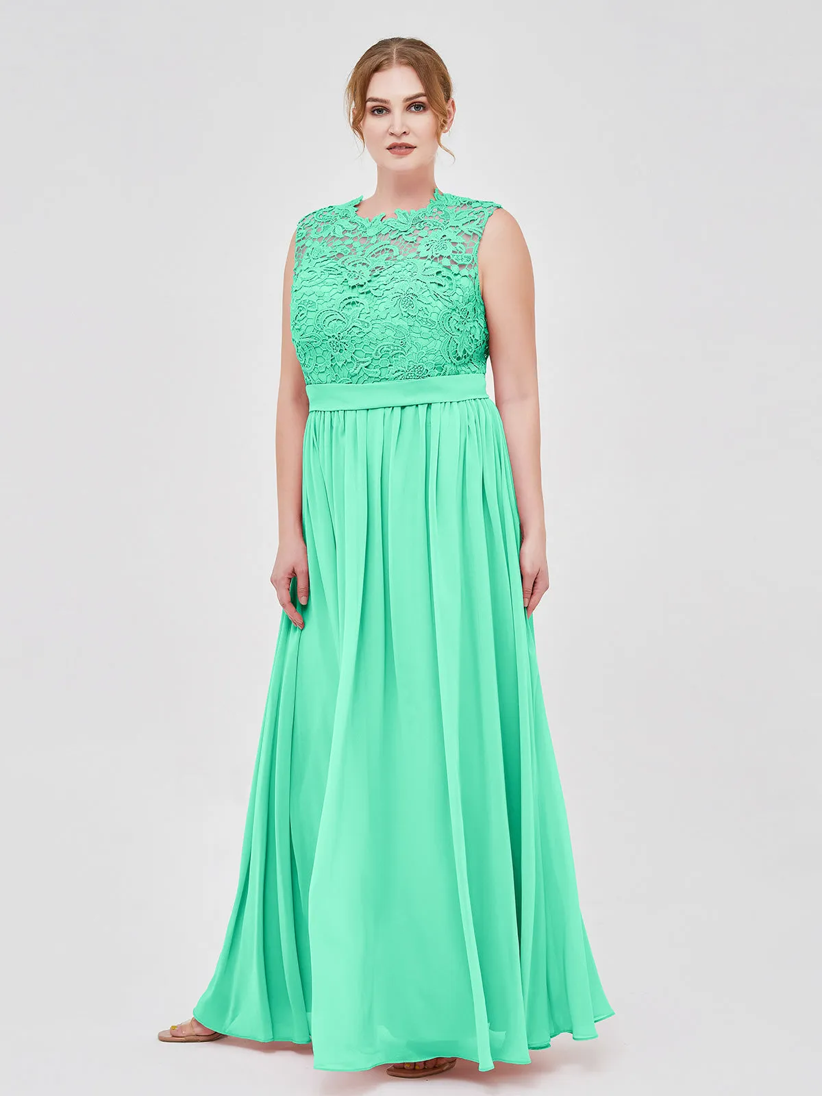 Illusion Neck Chiffon and Lace Dresses Turquoise