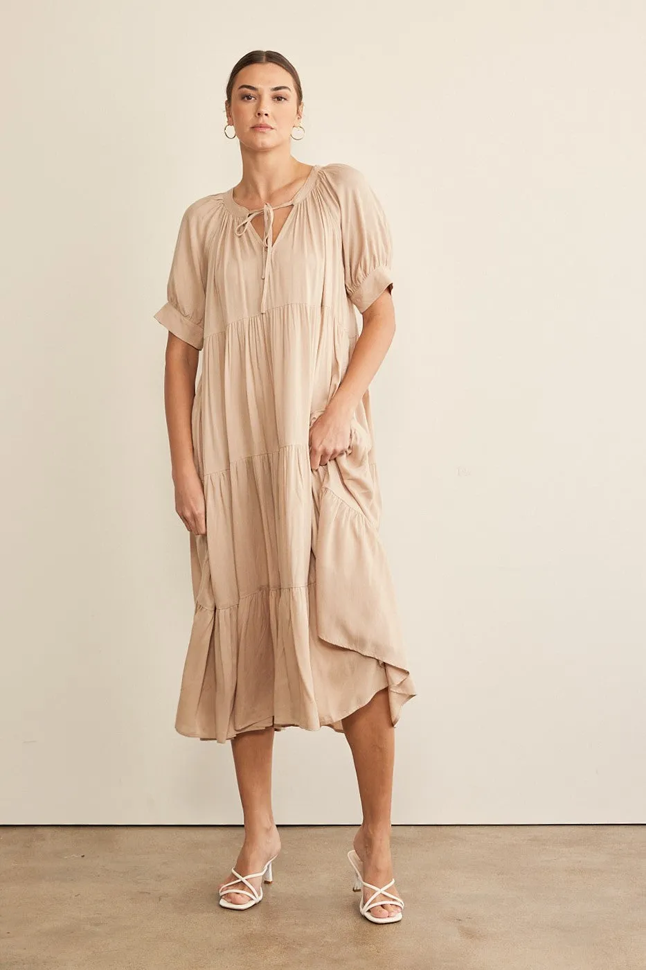 In February Flowy Tiered Maxi Dress in Latte