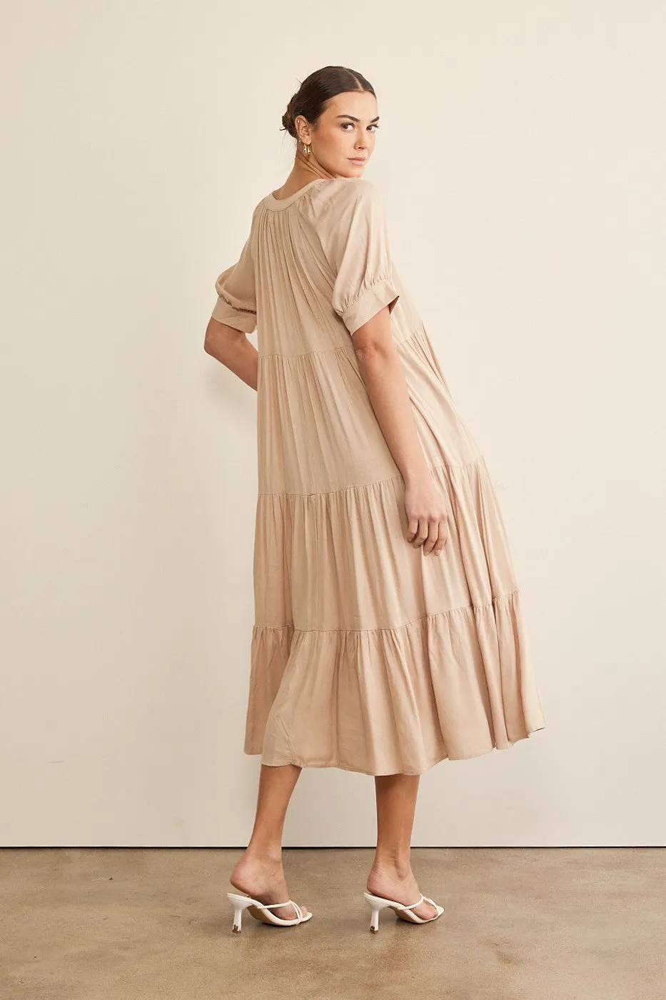 In February Flowy Tiered Maxi Dress in Latte