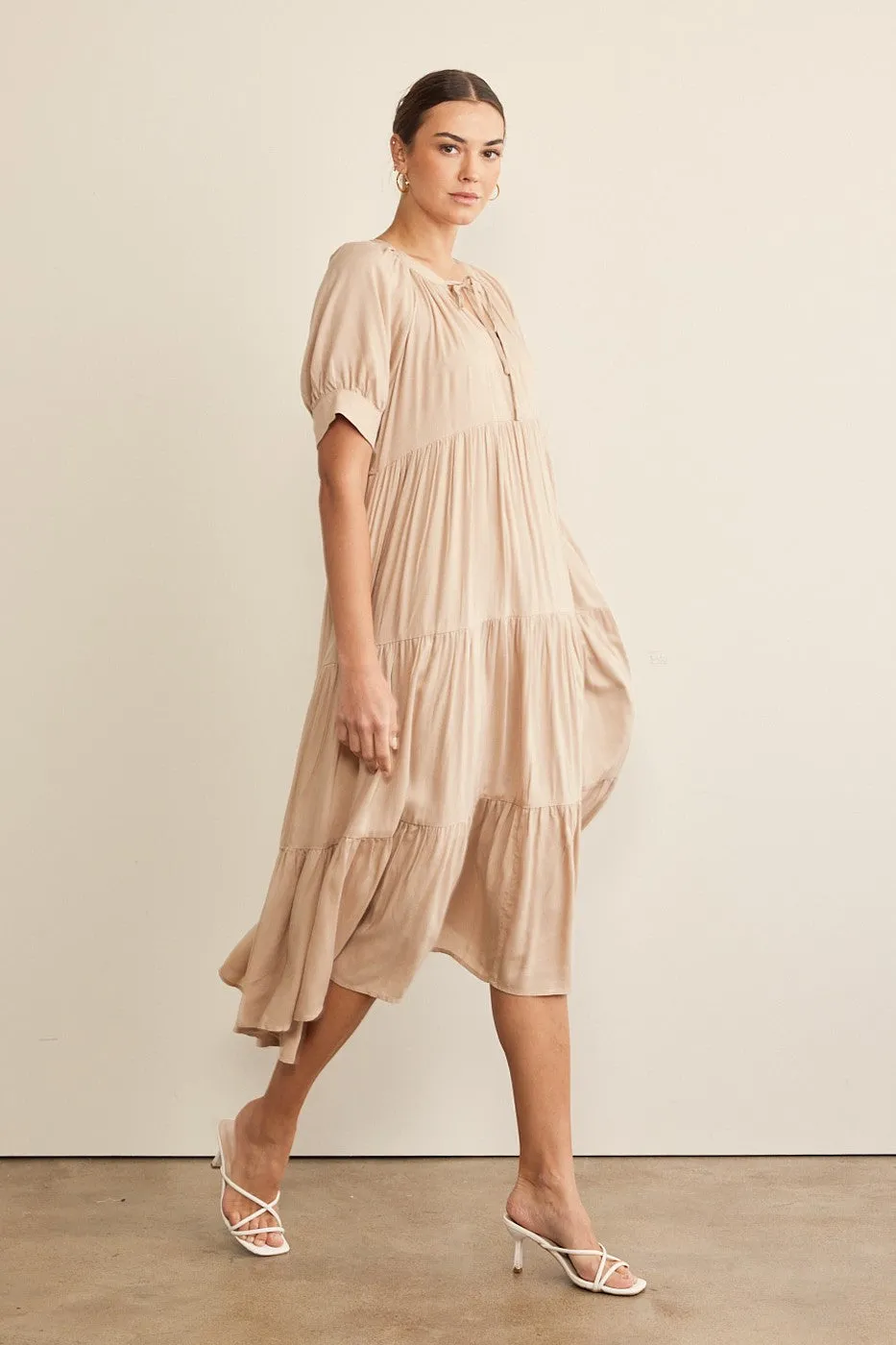 In February Flowy Tiered Maxi Dress in Latte