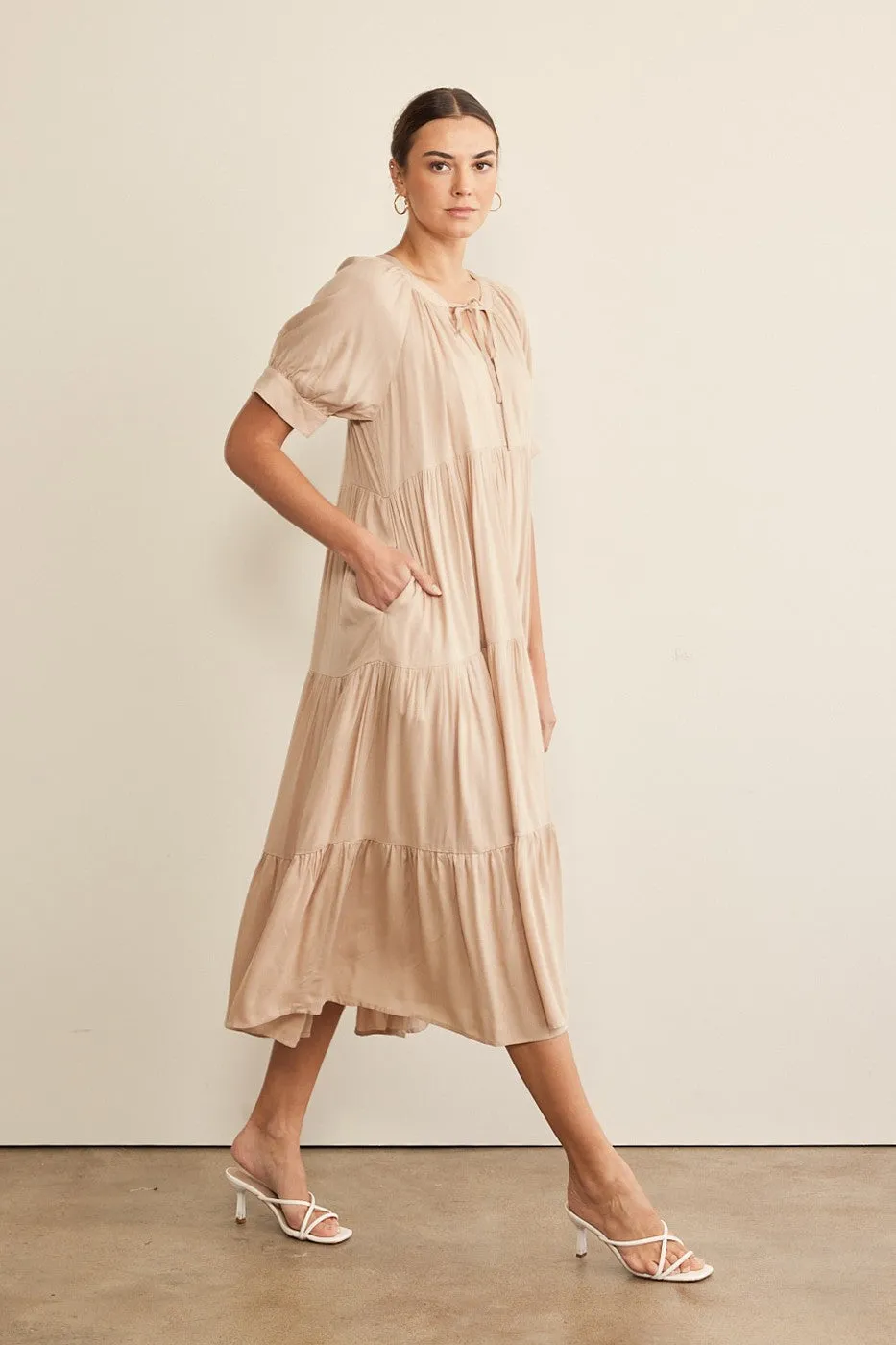 In February Flowy Tiered Maxi Dress in Latte