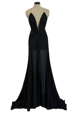 Incredible 2006-2007 Roberto Cavalli Black Silk Extreme Plunge Dress w Trained Silk Chiffon Skirts