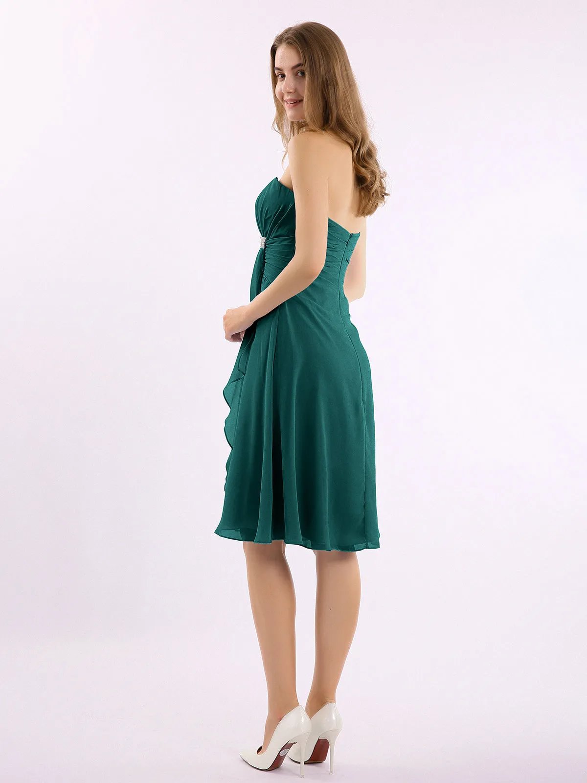 Knee Length Chiffon Dress with Sweetheart Neck-Peacock