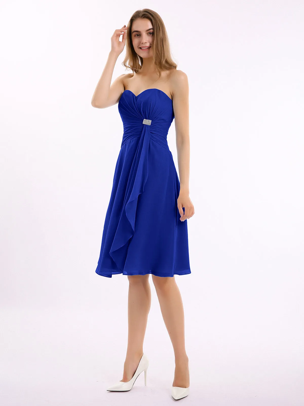 Knee Length Chiffon Dress with Sweetheart Neck-Royal Blue Plus Size