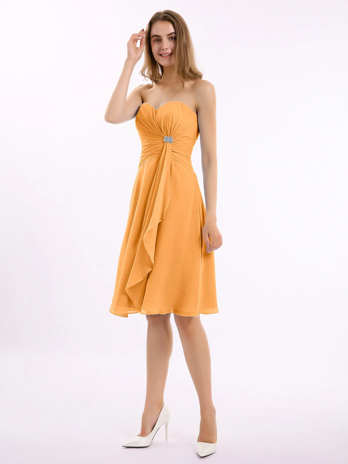 Knee Length Chiffon Dress with Sweetheart Neck-Tangerine