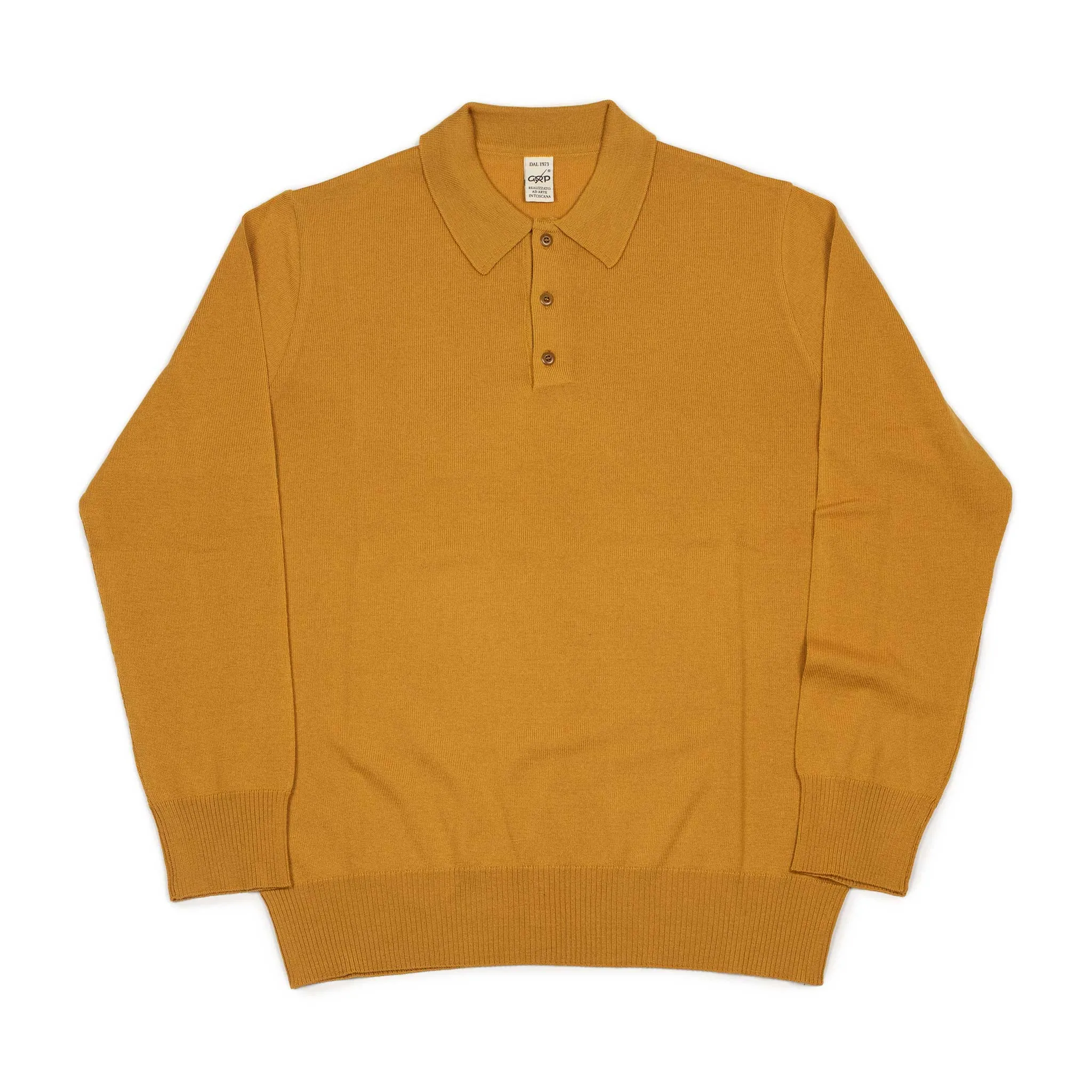 Knit long sleeve polo in ochre gold merino wool (restock)