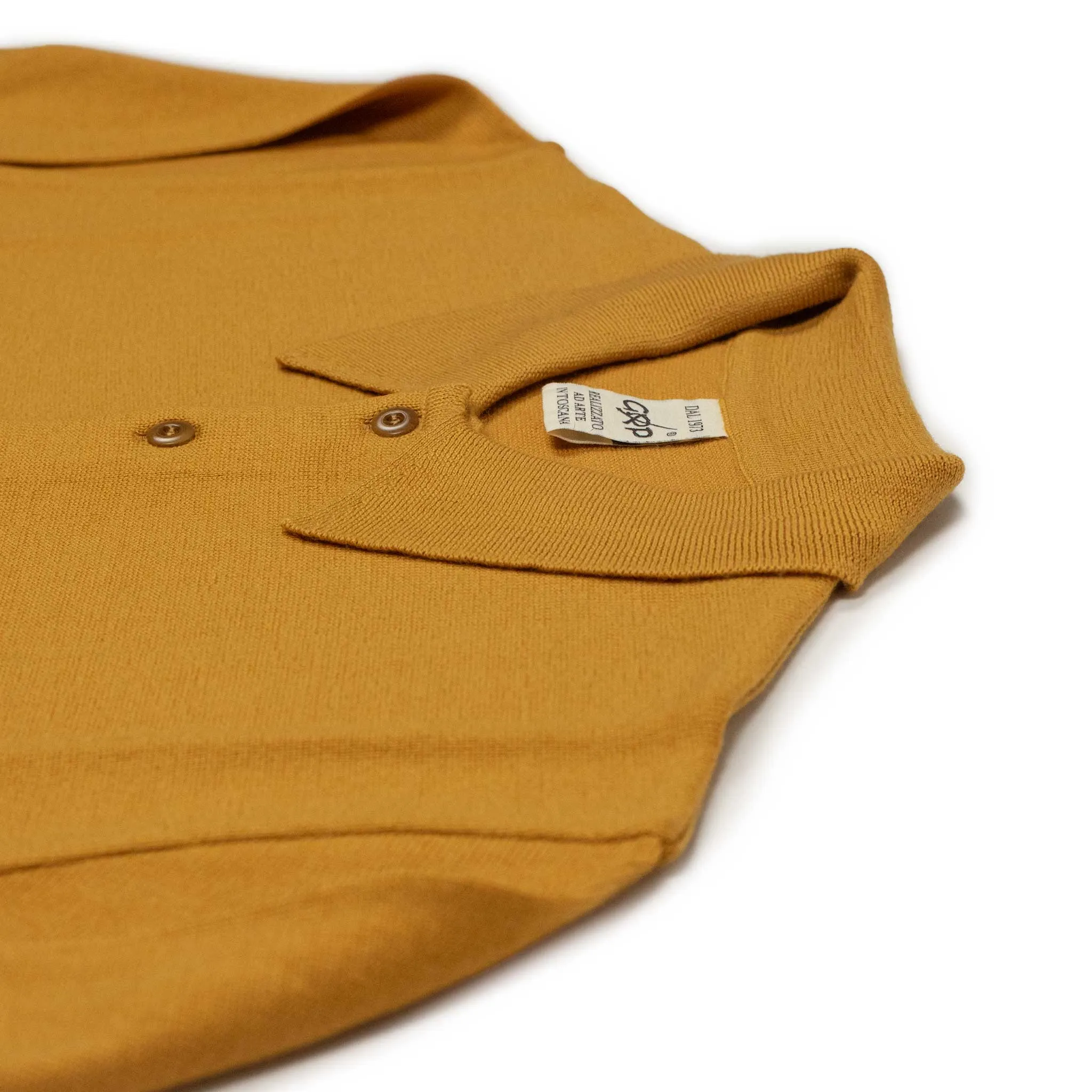 Knit long sleeve polo in ochre gold merino wool (restock)