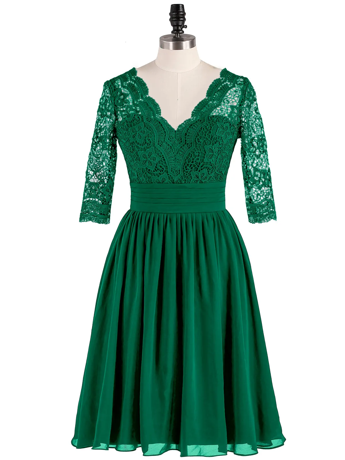 Lace and Chiffon Short Dress with Half Sleeves Dark Green