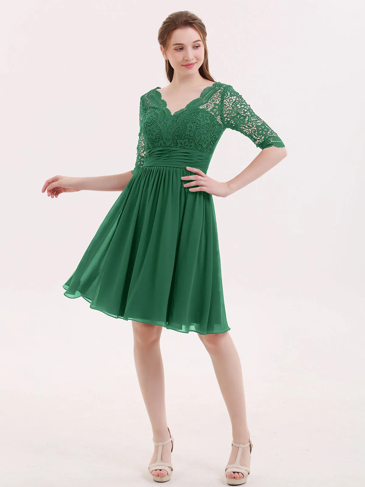 Lace and Chiffon Short Dress with Half Sleeves Dark Green