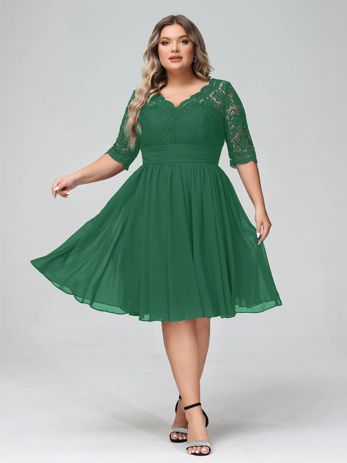 Lace and Chiffon Short Dress with Half Sleeves Dark Green