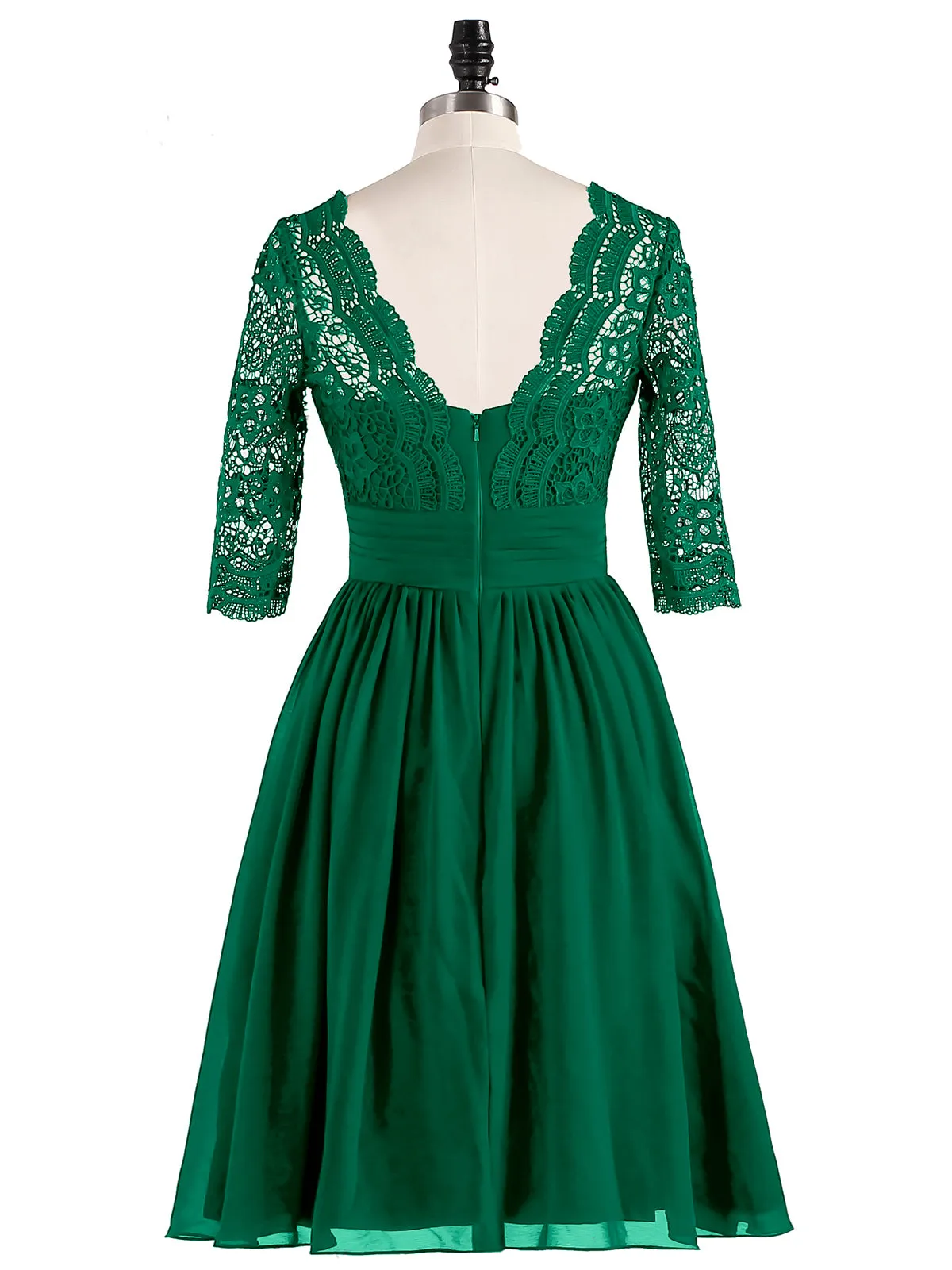 Lace and Chiffon Short Dress with Half Sleeves Dark Green