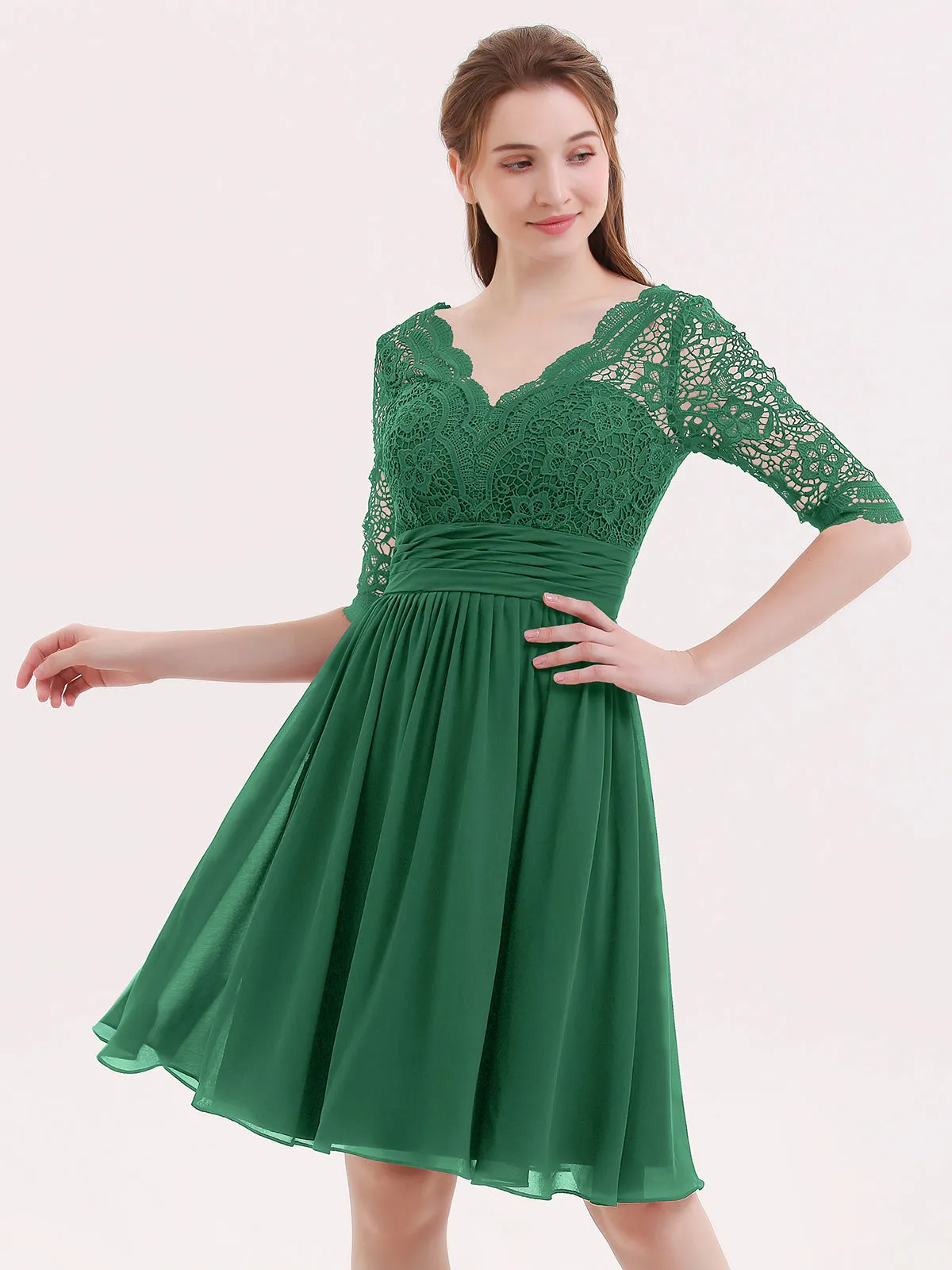 Lace and Chiffon Short Dress with Half Sleeves Dark Green