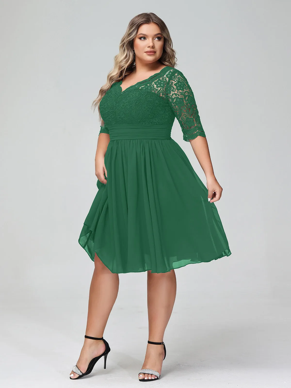 Lace and Chiffon Short Dress with Half Sleeves Dark Green