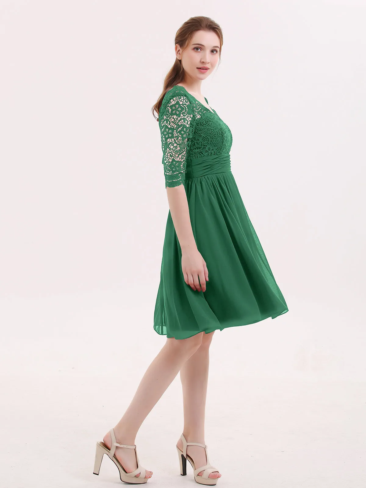 Lace and Chiffon Short Dress with Half Sleeves Dark Green