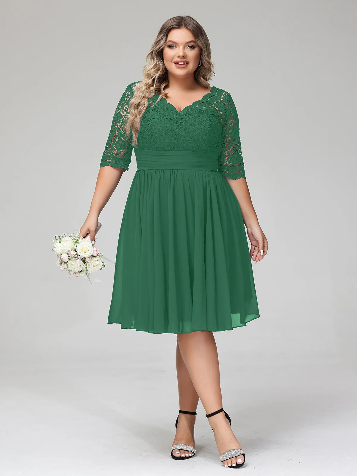 Lace and Chiffon Short Dress with Half Sleeves Dark Green