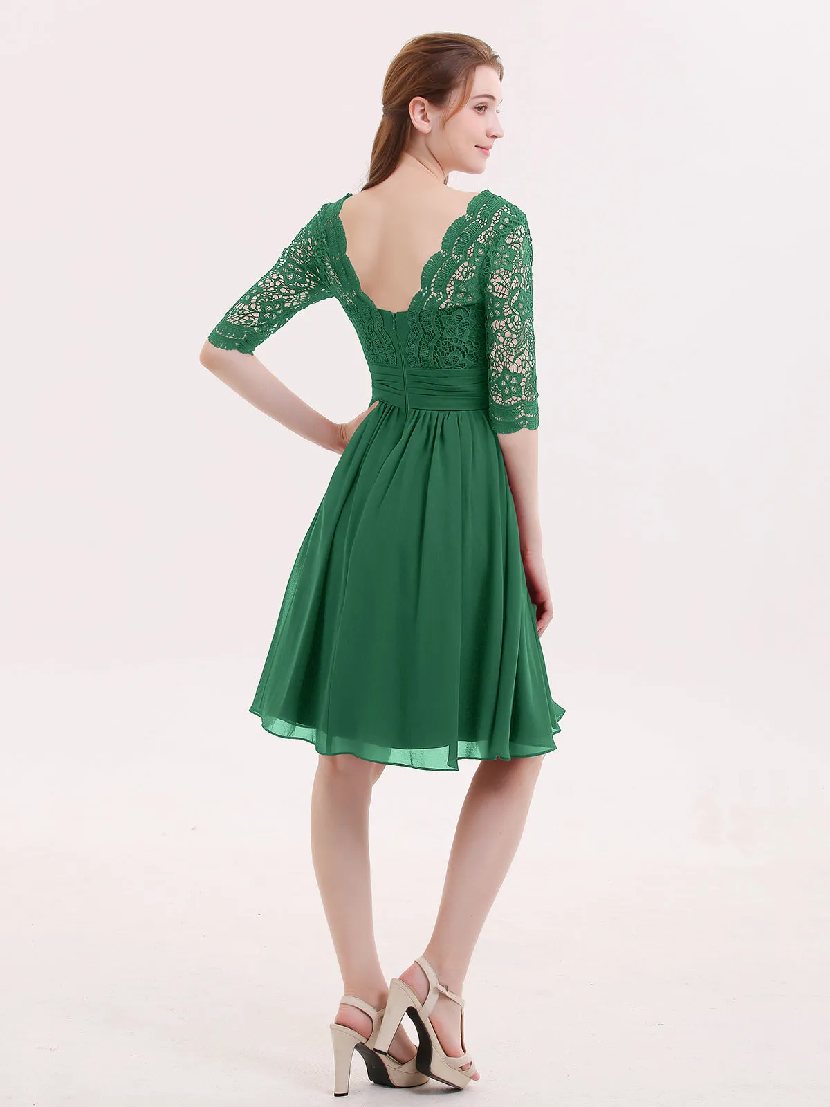 Lace and Chiffon Short Dress with Half Sleeves Dark Green