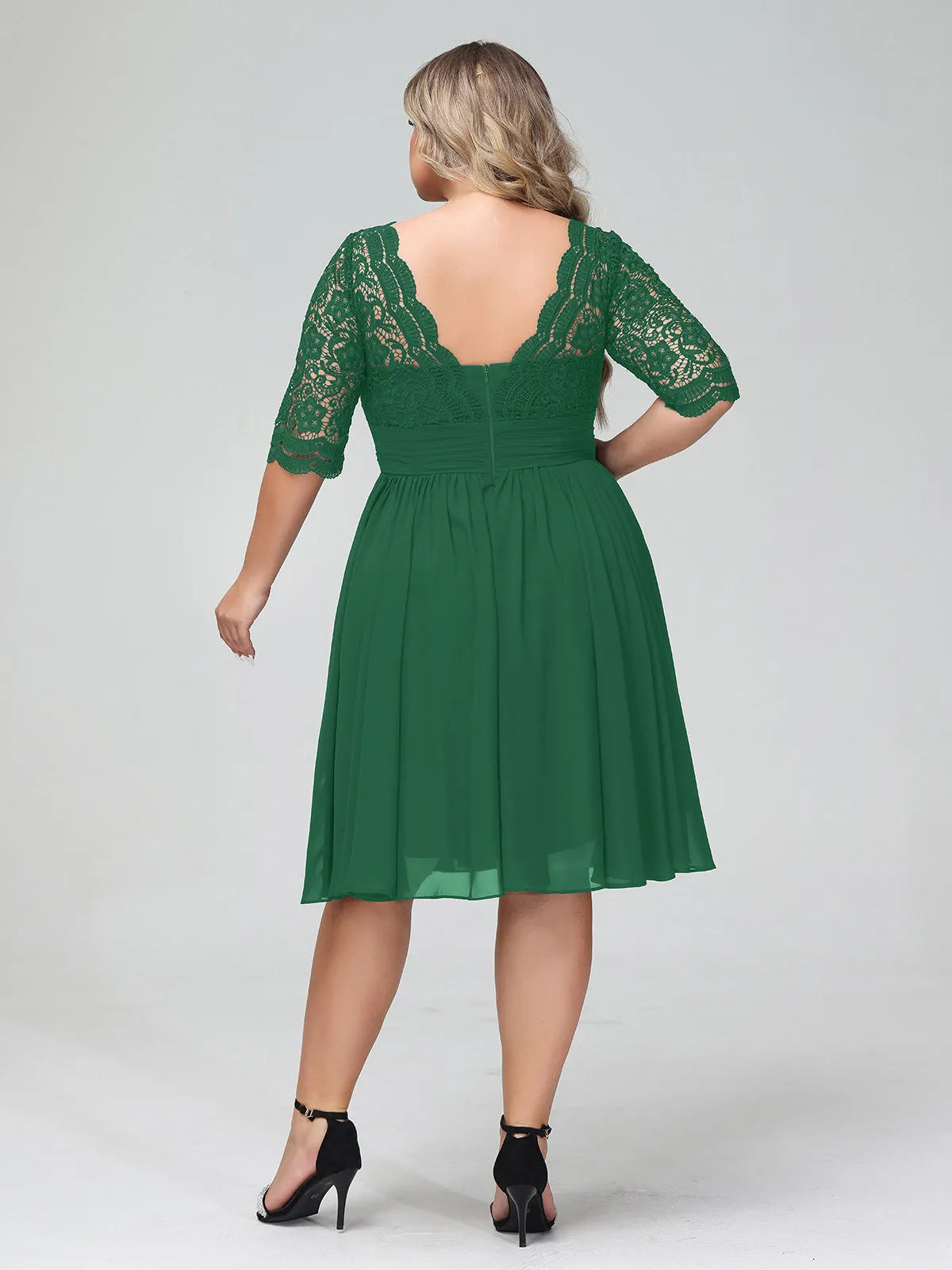 Lace and Chiffon Short Dress with Half Sleeves Dark Green