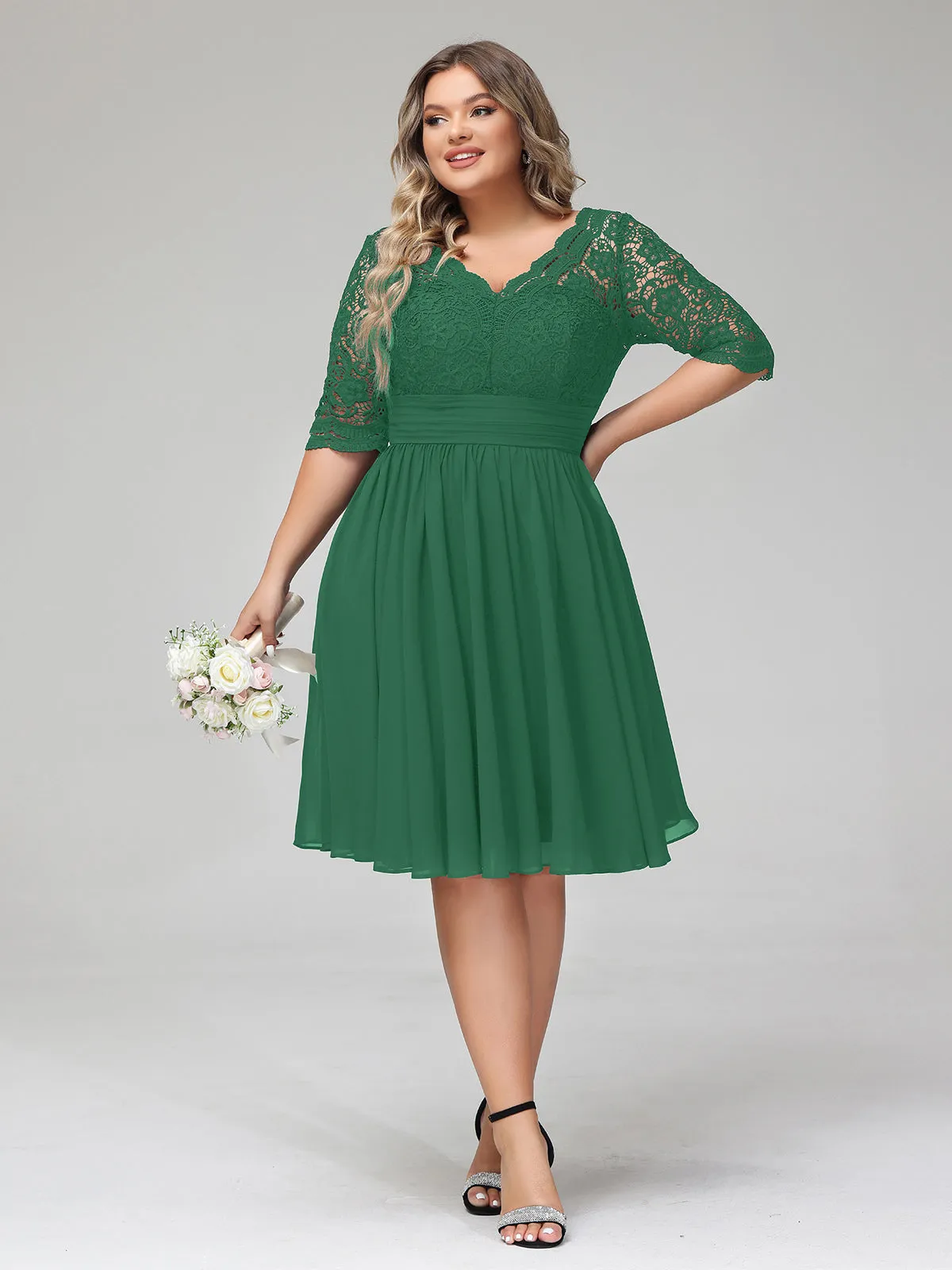 Lace and Chiffon Short Dress with Half Sleeves Dark Green