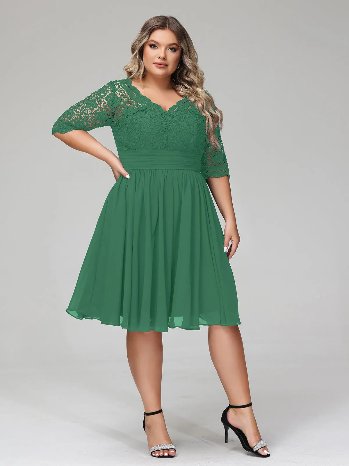 Lace and Chiffon Short Dress with Half Sleeves Dark Green