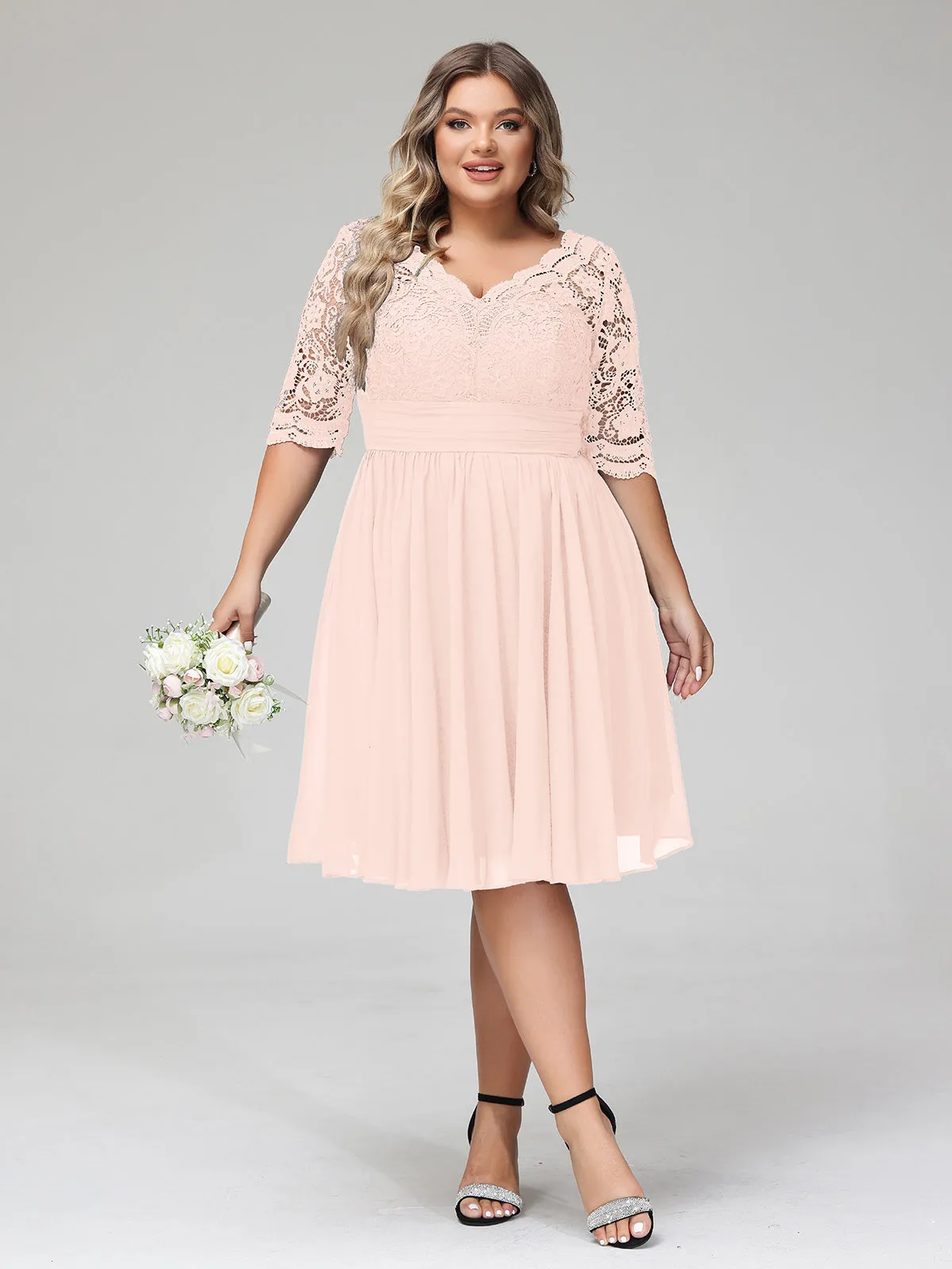 Lace and Chiffon Short Dress with Half Sleeves Pearl Pink