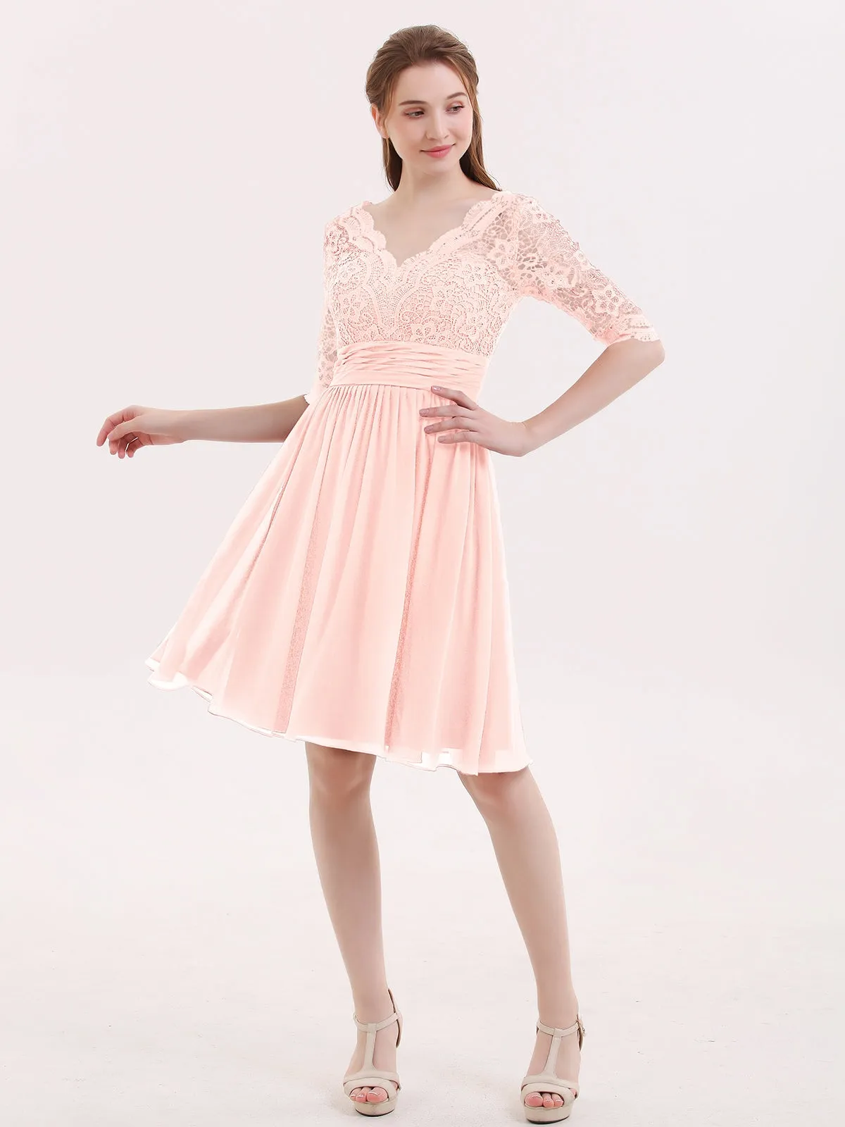 Lace and Chiffon Short Dress with Half Sleeves Pearl Pink