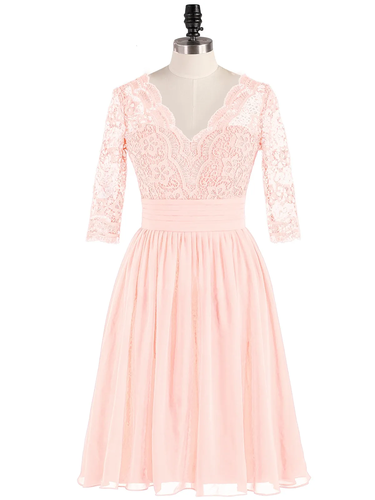 Lace and Chiffon Short Dress with Half Sleeves Pearl Pink