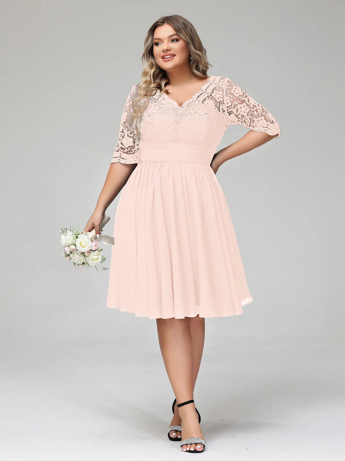 Lace and Chiffon Short Dress with Half Sleeves Pearl Pink