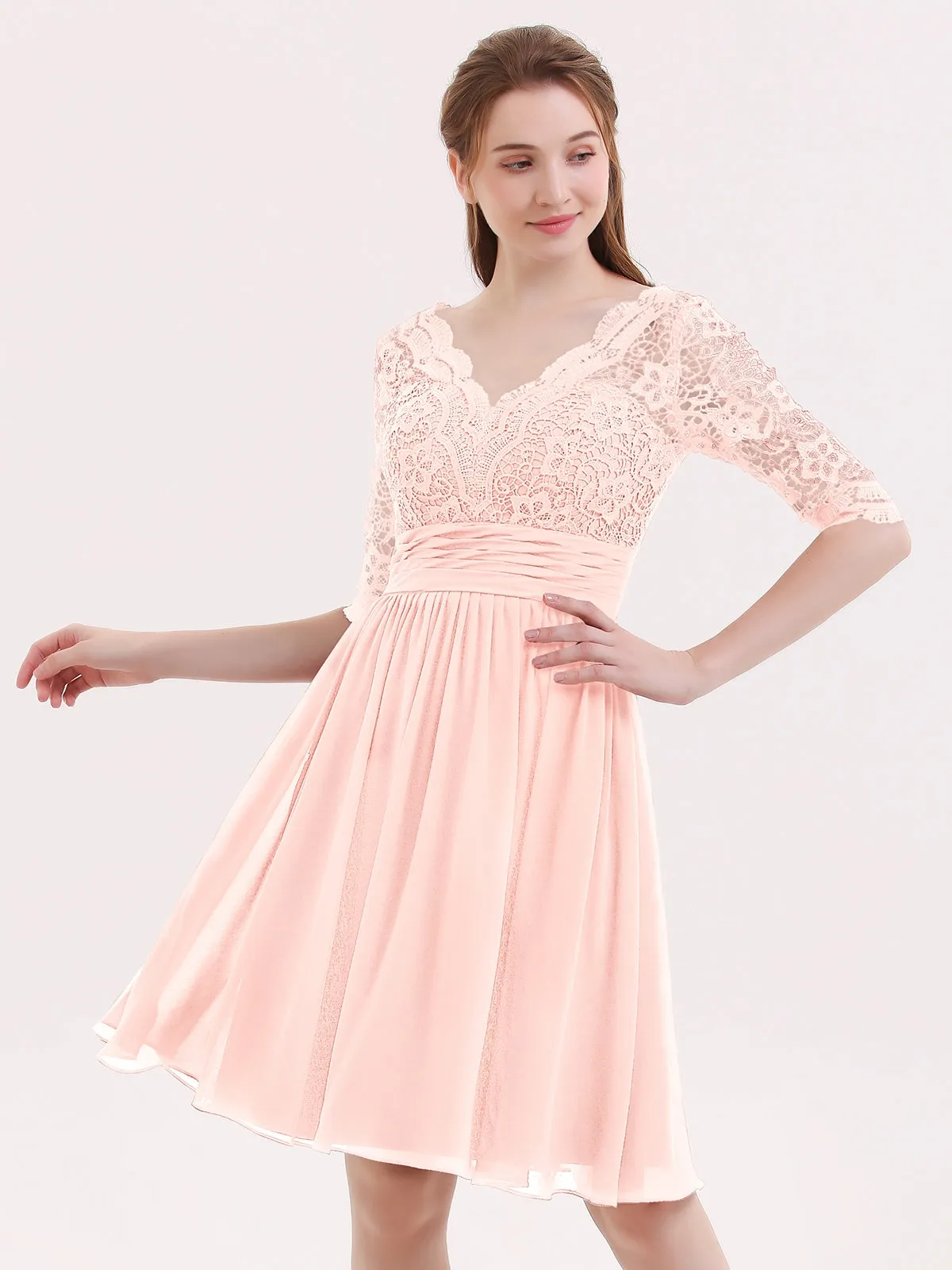 Lace and Chiffon Short Dress with Half Sleeves Pearl Pink