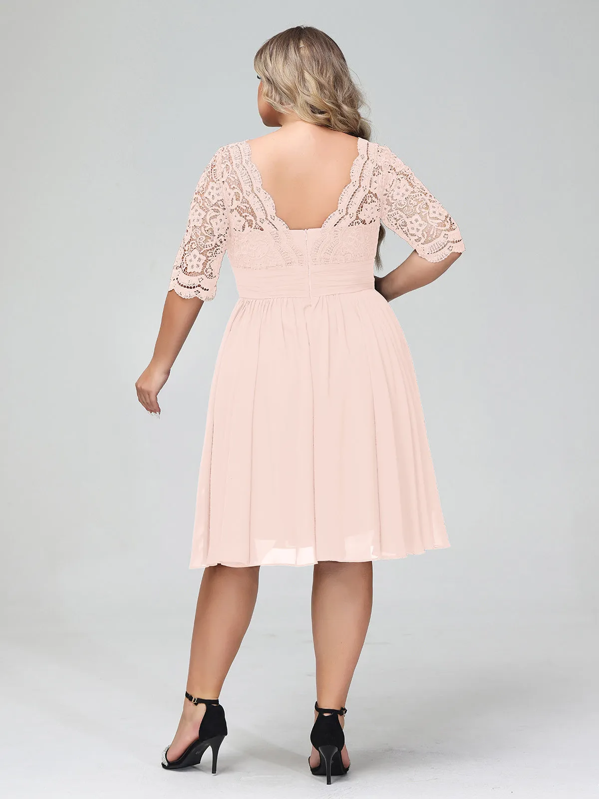 Lace and Chiffon Short Dress with Half Sleeves Pearl Pink