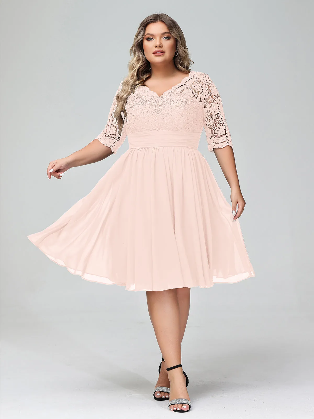 Lace and Chiffon Short Dress with Half Sleeves Pearl Pink