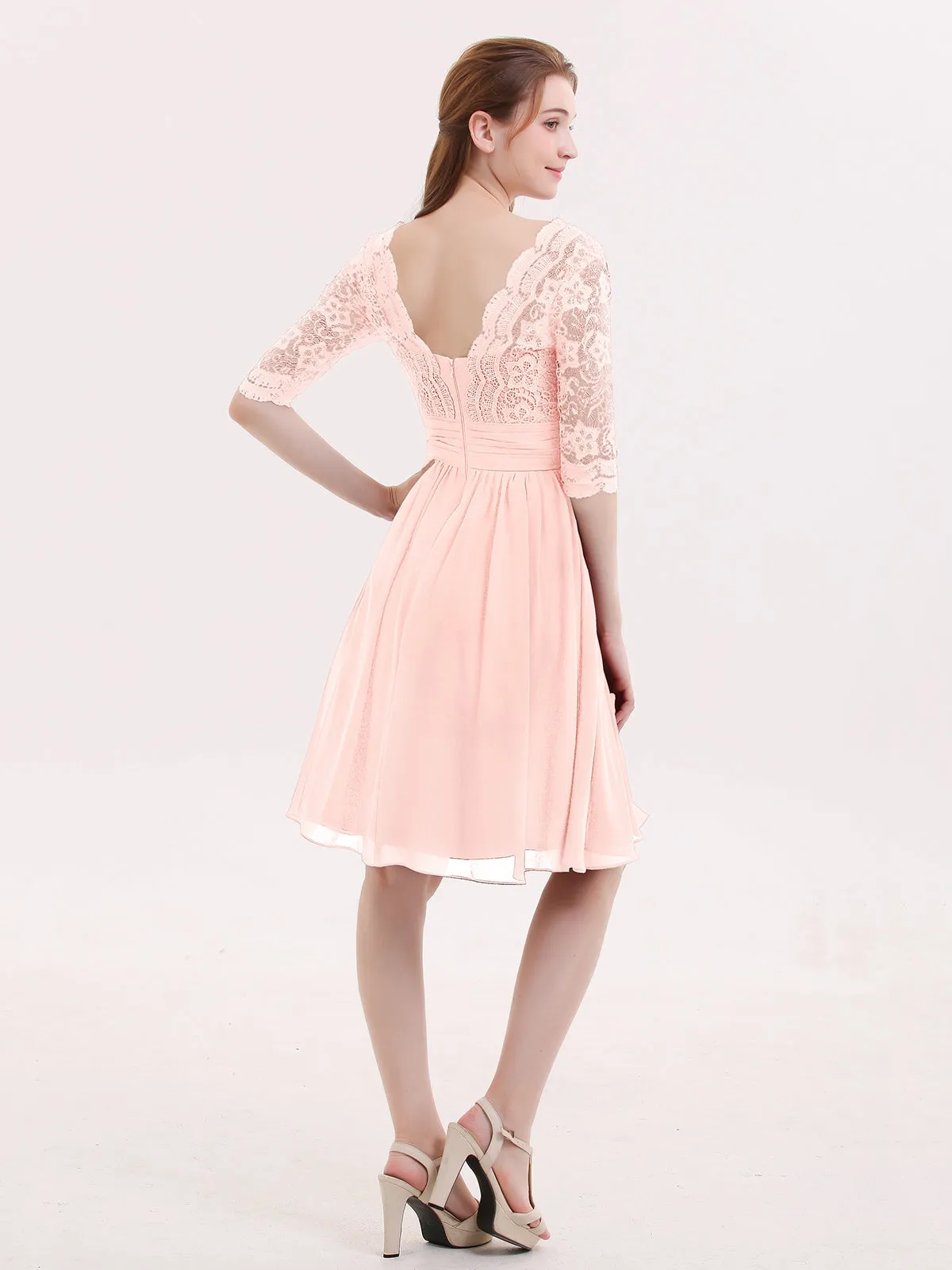 Lace and Chiffon Short Dress with Half Sleeves Pearl Pink