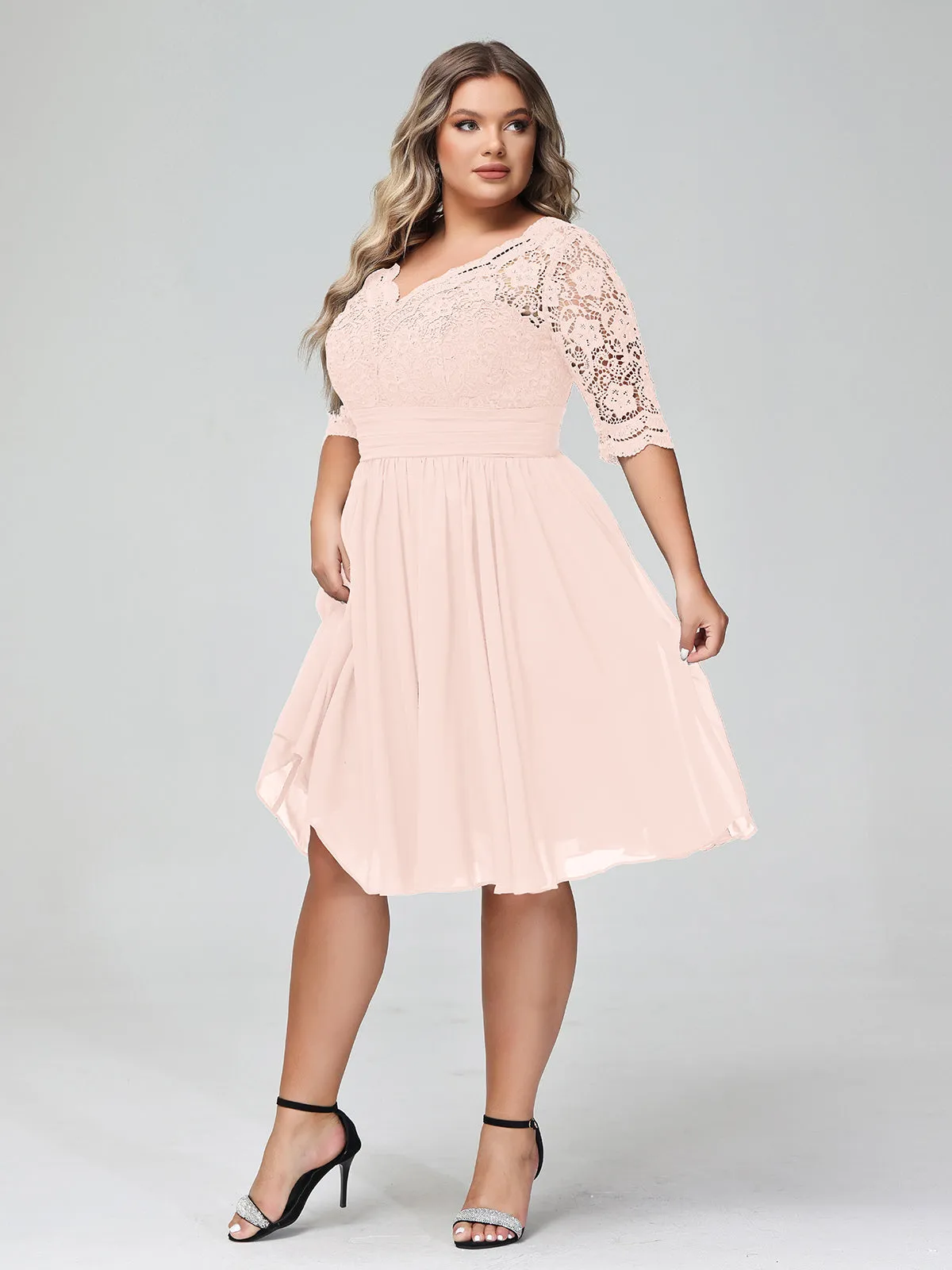 Lace and Chiffon Short Dress with Half Sleeves Pearl Pink