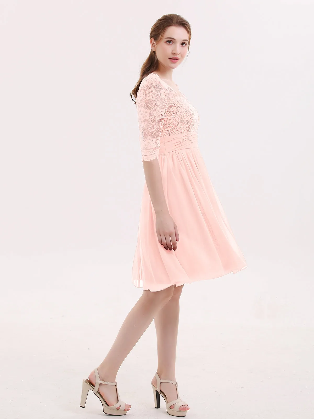 Lace and Chiffon Short Dress with Half Sleeves Pearl Pink