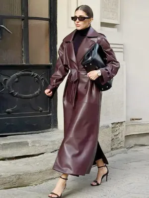 Lapel PU Leather Trench Coat with Belted Waist