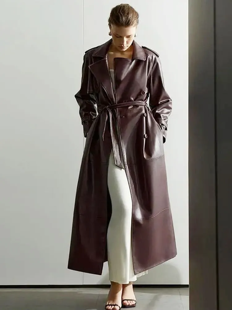 Lapel PU Leather Trench Coat with Belted Waist