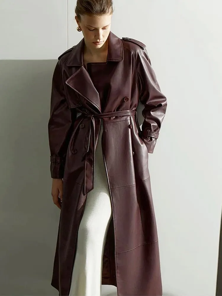 Lapel PU Leather Trench Coat with Belted Waist